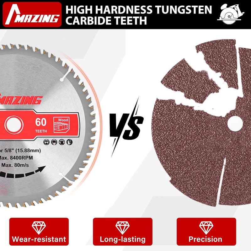 MAZING 3-Piece 7-1/4 Inch 24T&40T&60T Circular Saw Blades, 7.25 Inch TCT Compact Saws Blades with 5/8" Arbor, ATB Design for Precision Woodworking, Fit for Plywood, Soft & Hardwood, Wood with Nails - Image 3